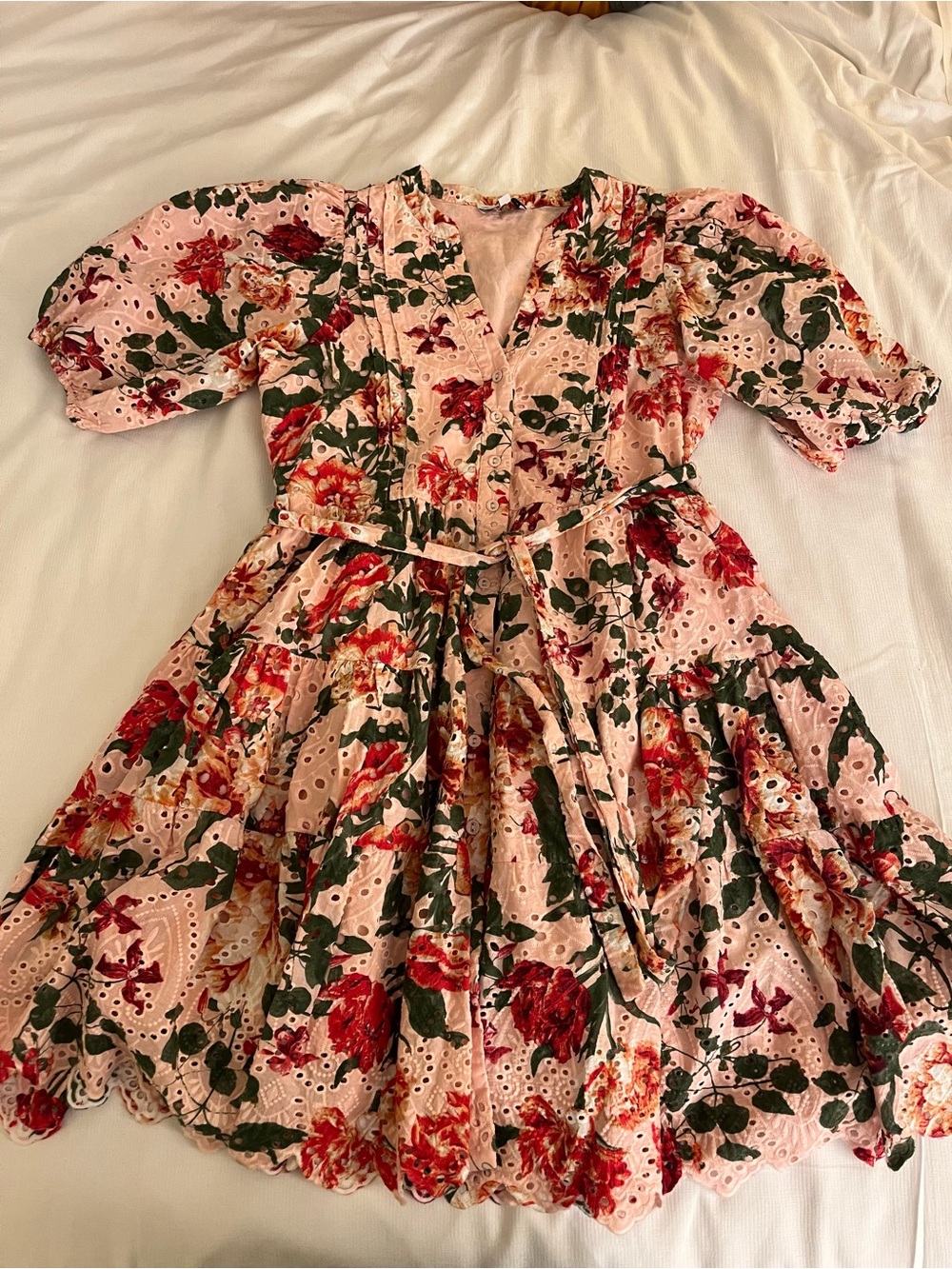 Women’s Gibson Latimer floral pink eyelet mini dress tiered ruffled layers Sz S